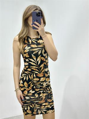 Kristal Pamuk Kumaş Yanlar Büzgülü Kolsuz Yaprak Desenli Kalem Elbise