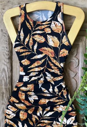 Kristal Pamuk Kumaş Yanlar Büzgülü Kolsuz Yaprak Desenli Kalem Elbise