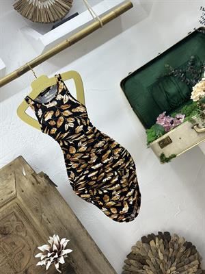 Kristal Pamuk Kumaş Yanlar Büzgülü Kolsuz Yaprak Desenli Kalem Elbise