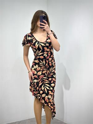 Kristal Pamuk Kumaş Yaprak Desenli Asimetrik Elbise