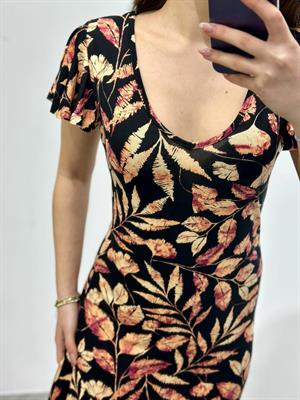 Kristal Pamuk Kumaş Yaprak Desenli Asimetrik Elbise