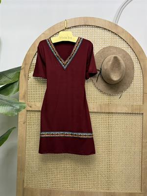 Crep Kumaş Etnik Desen Şeritli V Yaka Rahat Elbise Bordo