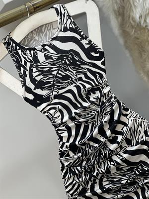 Kristal Pamuk Kumaş Zebra Desen Halter Yaka Kalem Elbise 