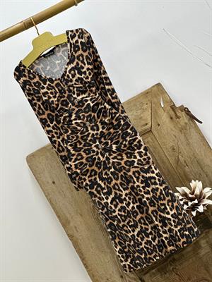 Kristal Pamuk Leopar Desen Düğme Detaylı Tasarım Midi Boy Elbise Kahve