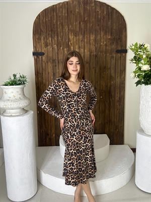 Kristal Pamuk Leopar Desen Düğme Detaylı Tasarım Midi Boy Elbise Kahve