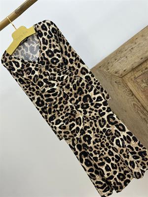 Kristal Pamuk Leopar Desen Düğme Detaylı Tasarım Midi Boy Elbise Krem