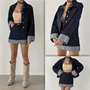 Lacivert Jean Kumaş Katlamalı Etek