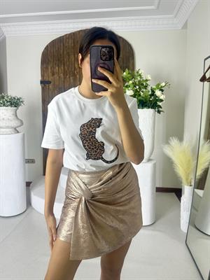 Lame Parlak Kumaş Boğum Detaylı Bakır Şort