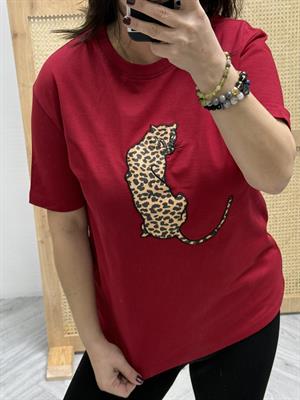 Leopar Desenli Nakış Detaylı Rahat Kalıp Premium Tshirt Kırmızı