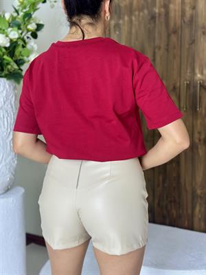 Leopar Desenli Nakış Detaylı Rahat Kalıp Premium Tshirt Kırmızı