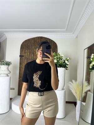 Leopar Desenli Nakış Detaylı Rahat Kalıp Premium Tshirt Siyah