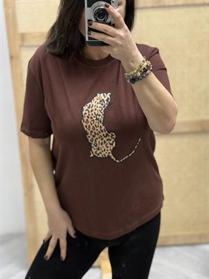 Leopar Desenli Nakış Detaylı Rahat Kalıp Premium Tshirt Kahverengi