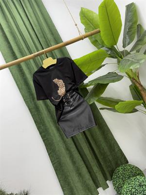 Leopar Desenli Nakış Detaylı Rahat Kalıp Premium Tshirt Siyah