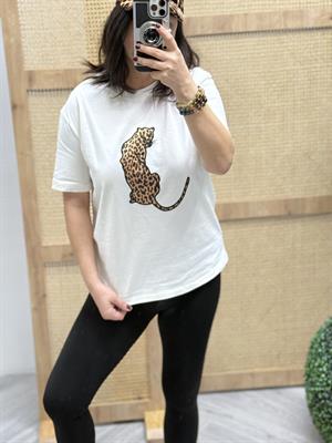 Leopar Desenli Nakış Detaylı Rahat Kalıp Premium Tshirt Beyaz