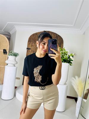 Leopar Desenli Nakış Detaylı Rahat Kalıp Premium Tshirt Siyah