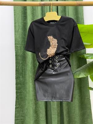 Leopar Desenli Nakış Detaylı Rahat Kalıp Premium Tshirt Siyah