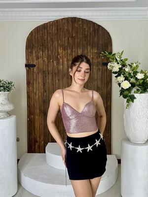 Likralı Crep Kumaş Etek ve Göğüs Dolgulu Büstiyer İkili Takım  Siyah