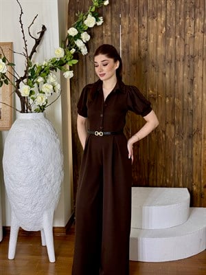 Likralı Crep Kumaş Gömlek Yaka Kemerli Tulum Kahverengi