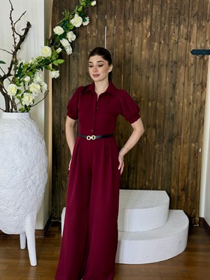 Likralı Crep Kumaş Gömlek Yaka Kemerli Tulum Bordo