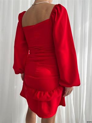 Likralı Crep Örme Kumaş Kare Yaka Drapeli Eteği Fırfırlı Balon Kol Kırmızı Elbise