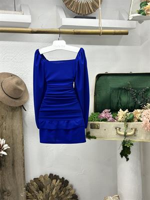 Likralı Crep Örme Kumaş Kare Yaka Drapeli Eteği Fırfırlı Balon Kol Saks Elbise