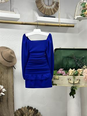 Likralı Crep Örme Kumaş Kare Yaka Drapeli Eteği Fırfırlı Balon Kol Saks Elbise