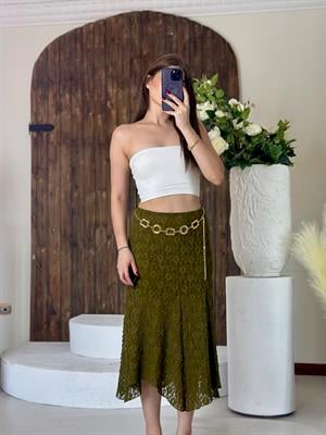 Likralı Dantel Asimetrik Midi Etek
