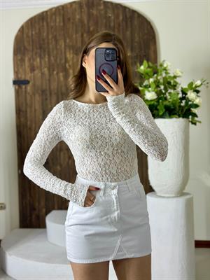 Likralı Dantel Kayık Yaka Bluz Beyaz