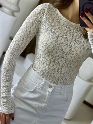 Likralı Dantel Kayık Yaka Bluz Beyaz