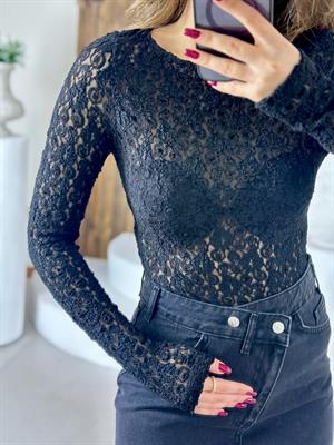 Likralı Dantel Kayık Yaka Bluz Siyah