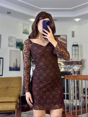 Likralı Dantel Kumaş Prenses Yaka Elbise Kahverengi