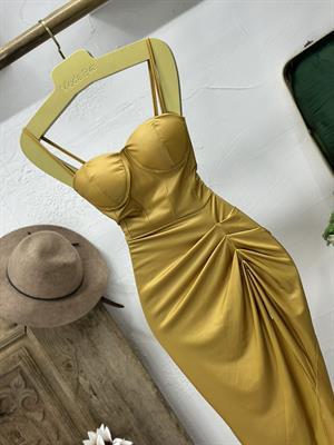 Likralı Gloplu Pu Deri Yırtmaçlı Elbise Gold