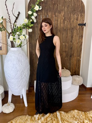 Likralı Güpür Kumaş Yarım Astarlı Uzun Tasarım Elbise  Siyah