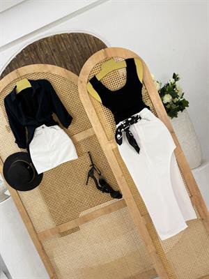 Likralı Jean Kumaş Beyaz Derin Yırtmaçlı Kalem Etek