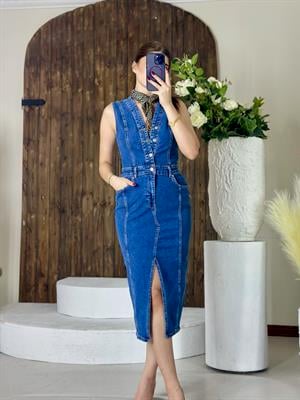 Likralı Jean Kumaş Düğmeli Midi Boy Elbise 