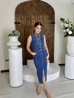 Likralı Jean Kumaş Düğmeli Midi Boy Elbise 