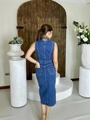 Likralı Jean Kumaş Düğmeli Midi Boy Elbise 