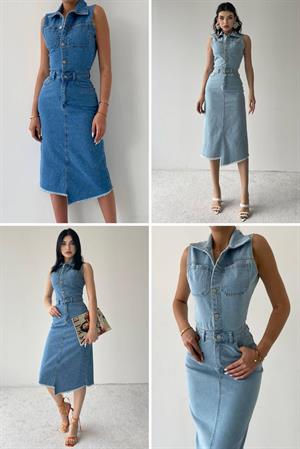 Likralı Jean Kumaş Gömlek Yaka Asimetrik Etekli Midi Boy Elbise