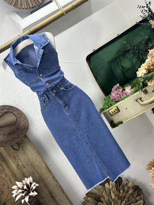 Likralı Jean Kumaş Gömlek Yaka Asimetrik Etekli Midi Boy Elbise