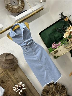 Likralı Jean Kumaş Gömlek Yaka Asimetrik Etekli Midi Boy Elbise