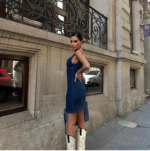 Likralı Jean Kumaş Kalın Askılı Elbise