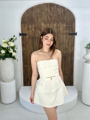 Likralı Jean Kumaş Krem Renk Kloş Etek 