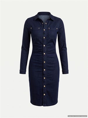 Likralı Jean Kumaş Kumaşlı Düğmeli Drapeli Elbise