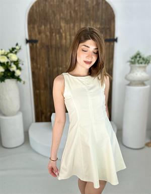 Likralı Jean Kumaş Parçalı Dikim Sırt Metal Fermuarlı Kloş Elbise Kemer Dahil Değildir