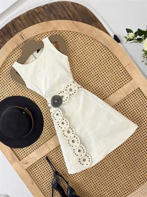 Likralı Jean Kumaş Parçalı Dikim Sırt Metal Fermuarlı Kloş Elbise Kemer Dahil Değildir