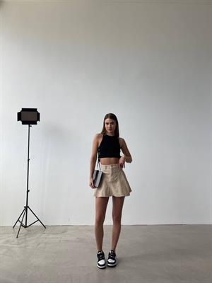 Likralı Jean Kumaş Pile Detay Etek Bej