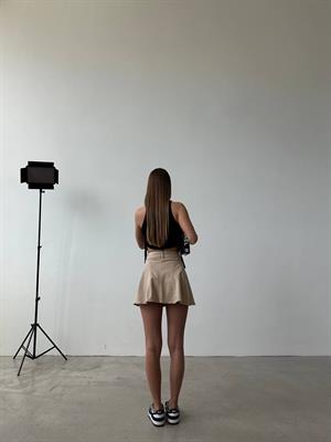 Likralı Jean Kumaş Pile Detay Etek Bej