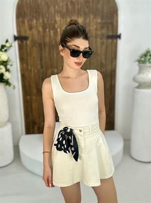 Likralı Jean Kumaş Pile Detay Etek Krem