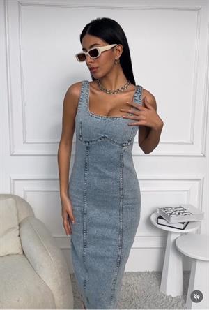 Likralı Jean Kumaş Sırt Fermuarlı Uzun Elbise 