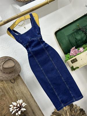 Likralı Jean Kumaş Sırt Fermuarlı Uzun Elbise 